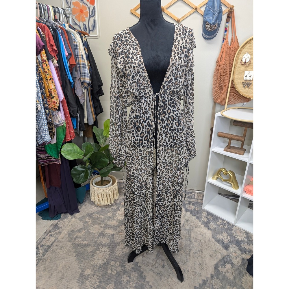 Leopard Print Sheer Chiffon Maxi Duster Tie Front Ruffle Bell Sleeve Cardigan